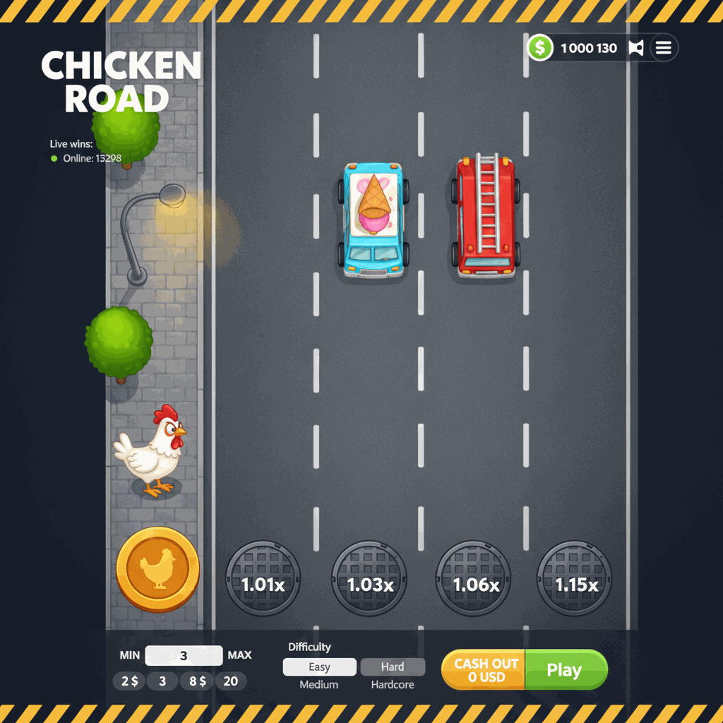 Chicken Road Crash-Spiel von InOut: Ein mutiges Huhn überquert eine mehrspurige städtische Straße von oben betrachtet, umgeben von fahrenden Autos und Kanaldeckeln mit Multiplikatoren auf jeder Fahrspur, mit leuchtendem Straßenlaternen und grünen Bäumen am Straßenrand