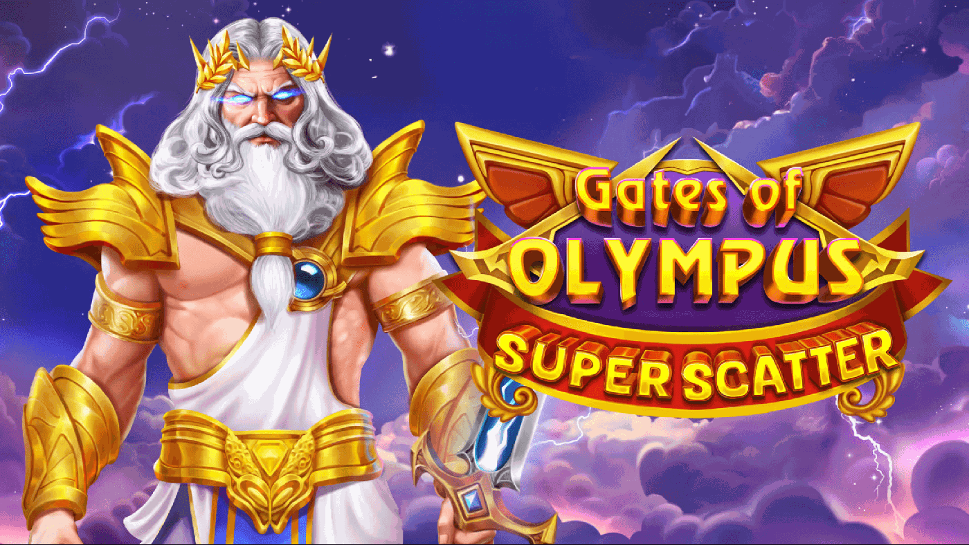 Sechseckiger Mosaikausschnitt aus Gates of Olympus Super Scatter mit Zeus, goldenem Rahmen, grünem Globus und purpurnem Kristalldreieck